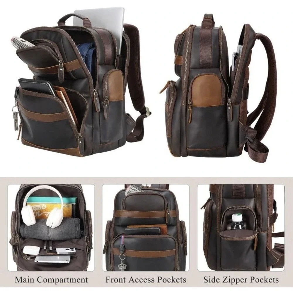 TIDING Men's Vintage Leather Backpack 15.6